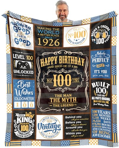 VXDRZGT Coperta per 100° compleanno, 152,4 x 127 cm, regalo per uomo di 100 anni, decorazioni per il 100° compleanno da uomo