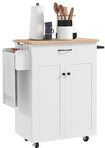 HOMCOM Desserte de Cuisine, Chariot de Service à roulettes avec Plateau en Bois d'hévéa, Meuble de Cuisine avec tiroir, Placard 2 Portes et Porte-épices, 83 x 45 x 91,5 cm, Blanc