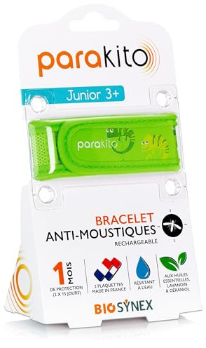 BIOSYNEX - PARAKITO - Bracelet Anti-Moustiques Rechargeable - 2 Recharges Incluses - 1 Mois d'Utilisation - Sans DEET - Motif Caméléon - Taille Junior 3+