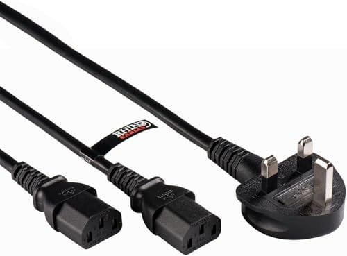 rhinocables IEC C13 Splitter Power Cable – Kettle Lead with UK Plug to Dual C13 Connectors | 3 Pin Mains Cord for PC, Monitor, TV, PS4 & Laptop | Black 2 Metre Power Lead (Pack of 20)