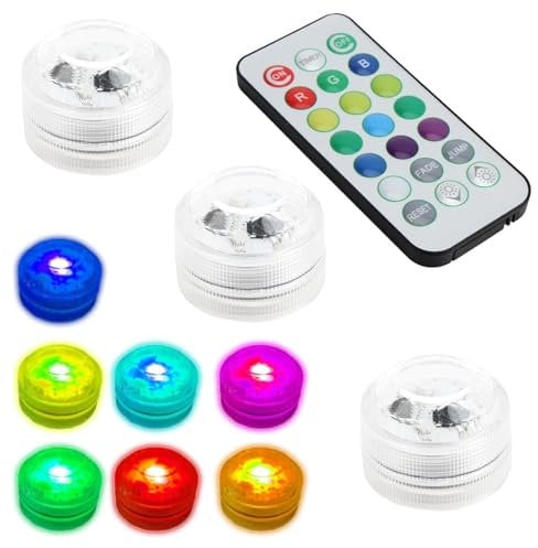 3pcs Mini Submersible LED Lights Waterproof LED Pool Lights with Remote, Battery Operated Colour Changing Flameless LED Battery Tea Lights for Vase, Bath, Wedding, Party, Halloween Christmas Deco