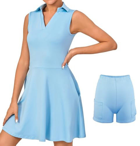 Bezioner Tenniskleid Damen mit Hose Sportkleid Frauen Ärmellos Golfkleid Damen mit Taschen Tennis Outfit Blau XXL