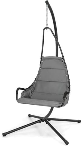 GOPLUS Fauteuil Suspendu avec Support, Chaise Suspendue Intérieur Extérieur avec Siège Rembourré, Cadre en Métal en Forme de 'X', Chaise Hamac avec Support pour Porche, Jardin, Capacité 120KG (Gris)