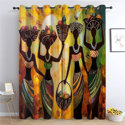 Pechiwuo Afrika Vorhänge 3D Drucken Gardinen Wohnzimmer Frauen Verdunkelungsvorhänge 2er Set, Vorhang Blickdicht Wärmeisolierend Gardine mit Ösen Schlafzimmer Deko 2 x 110 x 215 cm(B X H) E2013