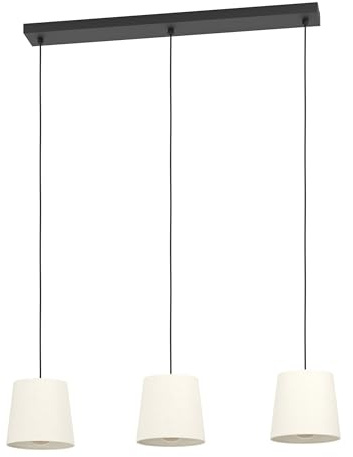 EGLO Hängelampe Febres, Pendelleuchte über Esstisch | Esszimmerlampe 3-flammig aus Bouclé Stoff, Metall in Schwarz und Textil in Weiß, E27 Fassung, 88 cm