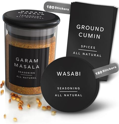 Livabl - 360 - Black 5x5cm Minimalist Spice Jar Labels - Pre Printed – Waterproof & Oil-Resistant Stickers for Herbs – Self-Adhesive Vinyl Spice Labels for Kitchen Organisation