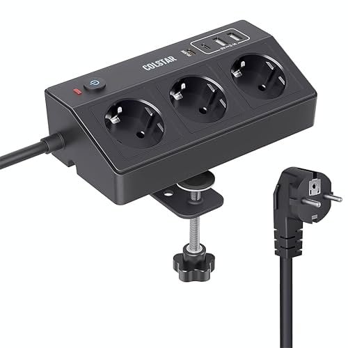 COLSTAR Steckdosenleiste Schreibtisch mit USB C PD 20W, 3 Fach Mehrfachsteckdose mit 2m Kabel, 16A Tischsteckdose mit 2 USB A, Überspannungsschutz Tisch Steckdose für Büro, Küche, Werkstatt, Schwarz