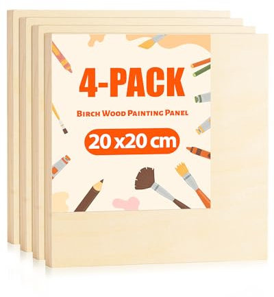 ROWOOD Holzleinwand zum Malen, Leinwandplatten 20x20cm/8x8 – 4 Stück, Unvollendeter Holzrahmen, Leere Malerleinwand für Kunsthandwerk, Ölmalerei und Pouring-Technik