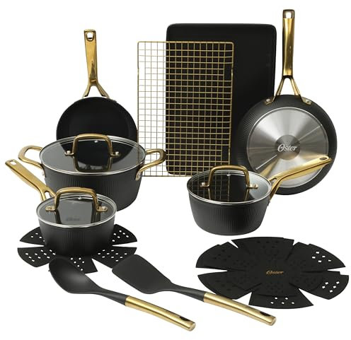 OSTER Abbottsford - Juego de 16 ollas y sartenes de aluminio sin PFA, cerámica antiadherente, utensilios de cocina de inducción, color negro con dorado