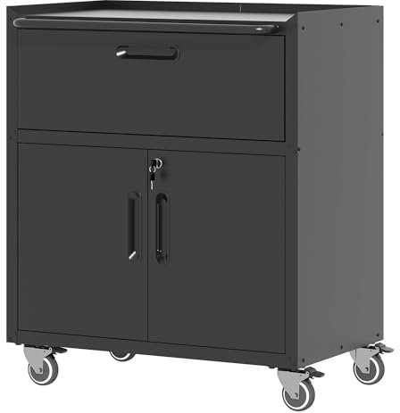 BIZOEIRON Metall-Lagerschrank mit Rädern, Abschließbarer Garagen-Lagerschrank mit 2 Türen und 1 Schublade, Rollender Werkzeuglagerschrank, Montage Erforderlich, Schwarz