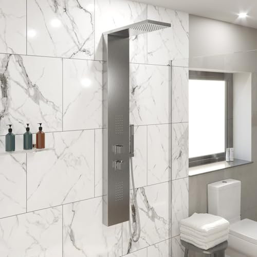 Architeckt® Thermostatic Shower Tower Panel Column, Three Outlet 3-in1 System with Rainfall Head Handset 2 Body Jets Showers Square, Brushed Steel