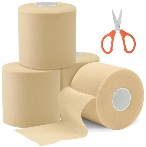 BORISCA 4 Rollen Schaum Sports Tape, 6cm X 20m Schaumstoff Tape mit Schere, Foam Underwrap Bandage Atmungsaktive Pre Wrap Sporttape für Handgelenke Knöchel Knie Beine (Hautfarbe)