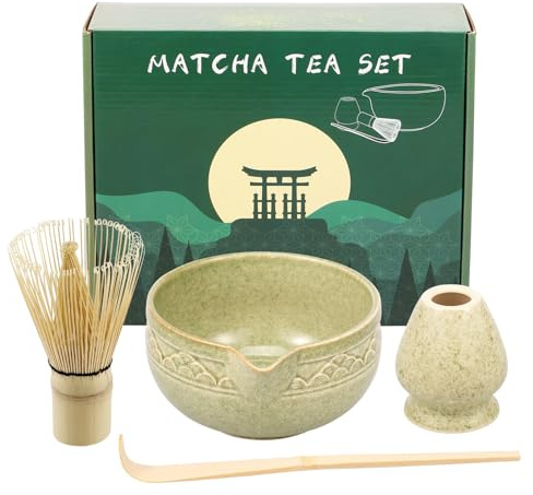 Lot de 4 balais à matcha avec accessoires pour matcha, bol, cuillère, fouet, porte-balai, matcha traditionnel, pour les amateurs de thé
