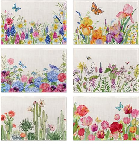 Spring Summer Butterflies Wildflowers Placemats Set of 6,Table Mats Non-Slip Heat Resistant Washable Placemat for Party Kitchen Dining Table Decoration Indoor Outdoor