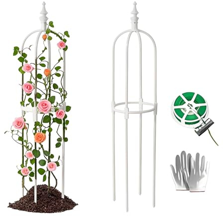 Garden Obelisk Rankhilfe für Kletterpflanzen, 60 90 120 150 180cm witterungsbeständige Metall-Pflanzenstütze mit Kunststoffbeschichtung, Rosen Rankgitter Rankturm für Tomaten Gurken(Weiß,28x120cm)