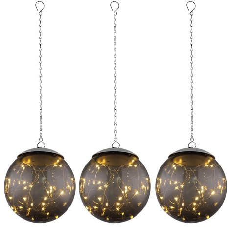 GLOBO Hängeleuchte Solar Pendelleuchte Solarlampe rauch Solarleuchte Kugel, 20x LED warmweiß, DxH 15x50 cm, 3er Set
