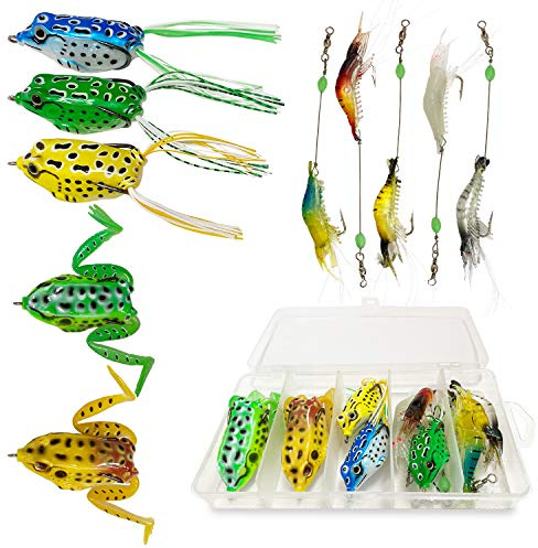 Soontrans Angelköder Set, Angel Köder mit Doppelpropeller Frösche, Künstlich Garnelen Angelköder mit Hake, 3D Double Propeller Frogs Weiche Köder, für Barsch Forelle Hecht Süßwasser Salzwasser