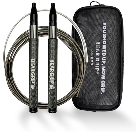 BEAR GRIP - Elite Speed Corda per saltare per il fitness, maniglie antiscivolo autobloccanti per crossfit, MMA e boxe, regolabile, allenamento HIIT e cardio, per uomini e donne, argento scuro