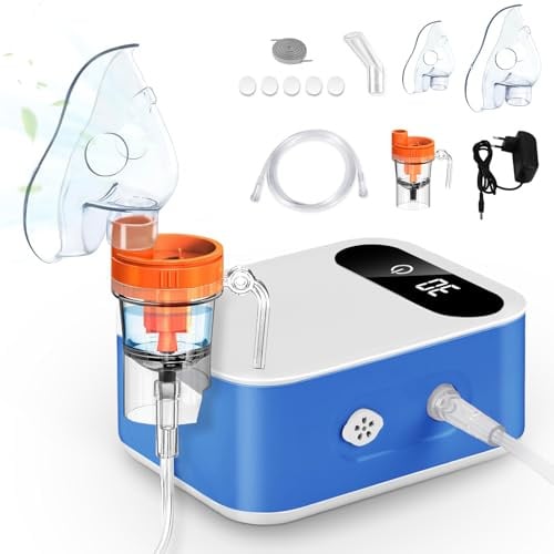 Sentasi Inhaliergerät für Erwachsene mit LED Digitalanzeige Leises Vernebler inhalationsgerät Kompressor Kinder Baby, Elektrische inhalator mit Mundstück Maske (Weißblau)