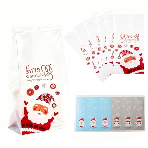 100 Stück Flach Weihnachten Cellophantüten Geschenktüten Weihnachten Transparente Plätzchentüten für Weihnachtskuchen, Süßigkeiten, Schokolade, Snacks, Weihnachtsfeier, Geschenkverpackung
