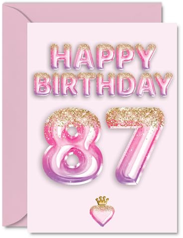 87th Birthday Cards for Women and Men, Pink & Purple Glitter Balloons | Happy Birthday Card for 87 Year Old Man Woman Nan Nanny Grandma Dad, A5 Bday Greeting Cards