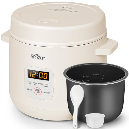 Bear Olla Arrocera - 2 Tazas para 1-2 Personas Arrocera Electrica, 3 Programas (Arroz Blanco, Arroz Integral, Porridge), Función Mantener Caliente, Temporizador 12h, 300W Rice Cooker