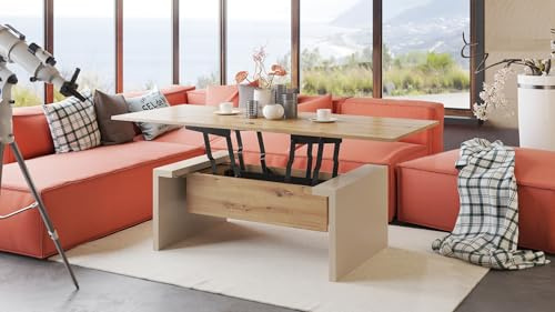Space Couchtisch aufklappbar in Eiche Artisan / Beige matt höhenverstellbar modern vielseitig Wohnzimmertisch Esstisch Beistelltisch Sofatisch platzsparend hochwertig Wohnzimmer coffee table