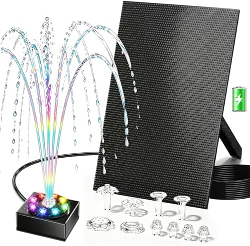 Boadw Pompa da laghetto solare 8W con batteria 1800mAh – Fontana solare per esterni per abbeveratoio per uccelli, piccolo laghetto e giochi d’acqua – 10 stili di zampillo e 8 LED colorati