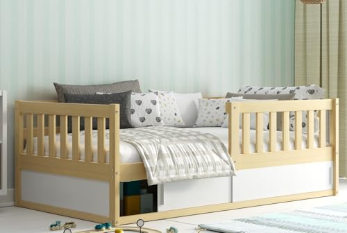 Interbeds Kinderbett 80x160 cm aus Holz mit Rausfallschutz – Montessori Bodenbett mit Schutzbarriere und Stauraum, Kinderbett für Jungen und Mädchen, Naturholz Smart (Naturton)