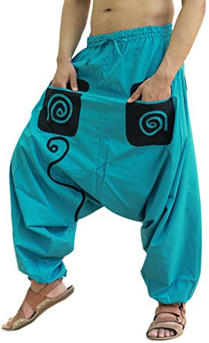 Sarjana Handicrafts Indian Ethnic Herren Baumwolle Genie Harem Strand Hose mit Taschen Schwarz, türkis, one Size