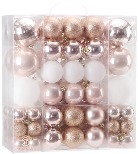 Sea Team 125 Pieces of Assorted Christmas Ball Ornaments Shatterproof Seasonal Decorative Hanging Baubles Set with Reusable Hand-held Gift Package for Holiday Xmas Tree Decorations, Rose Gold