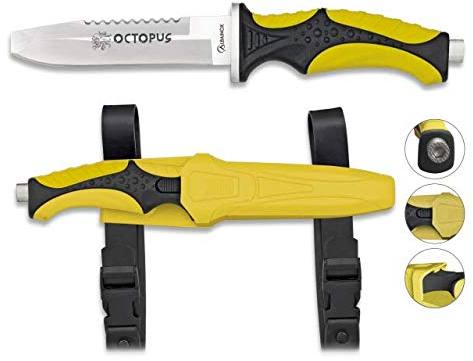 Albainox 32333. Cuchillo Submarinismo Octopus. Amarillo. Mango ABS y Goma. Herramienta para Caza, Pesca, Camping, Outdoor, Supervivencia y Bushcraft
