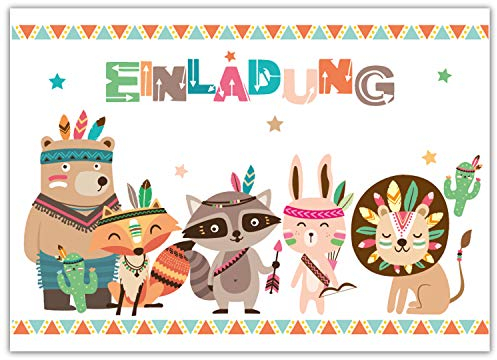 Pandawal 12x Einladungskarten Kindergeburtstag für Junge und Mädchen süße Indianer Tiere Boho Style perfekte Einladung für Geburtstag Taufe Party (Weiß)