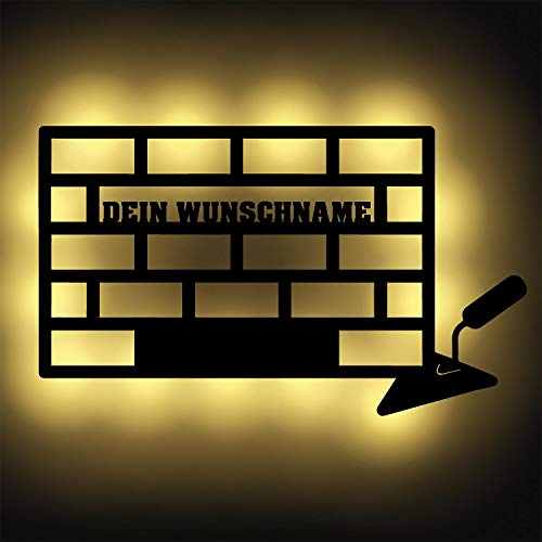 Namofactur Maurer Geschenke für Männer zum Geburtstag LED Deko Wand-Lampe Maurerkelle Figur I Batteriebetrieb mit Namen personalisiert