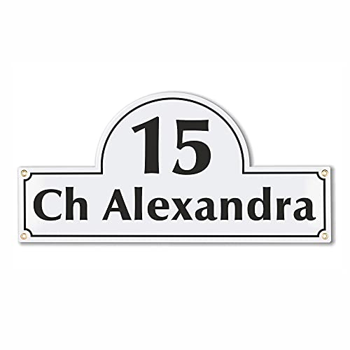 Sosenco Hausnummerschild Hausnummer mit Straßenname - 24x50 cm - Keramik Emaille - Wetterfest - Personalisiert (Weiß)