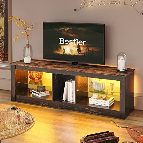 Bestier Mobile Porta TV 140 cm Mobile TV Moderno con Ripiano in Vetro Illuminato a LED RGB per TV da 65 Unità di Intrattenimento TV con Luci Ambientali per Soggiorno Camera da Letto