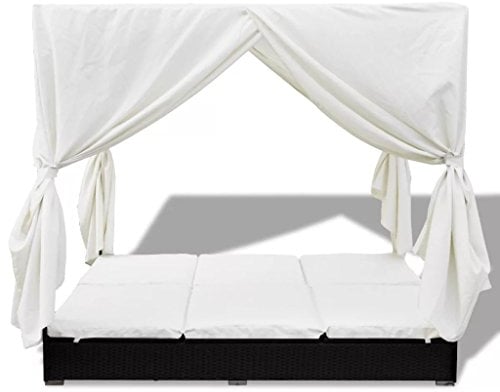 Susany Sonnenliege mit Vorhängen Gartenliege Polyrattan Doppelliege Rattanliege Liegestuhl 197 x 140 x 180 cm für 2 Personen Außenbereich, Schwarz