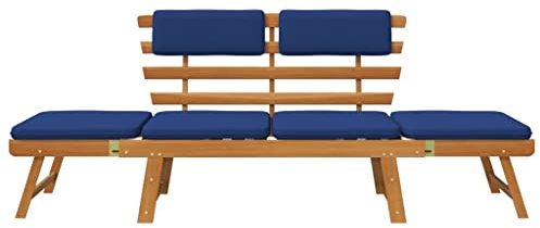 Hommdiy Akazienholz Massiv Gartenbank mit Auflagen 2-in-1 Sonnenliege Gartenliege Liege Sitzbank Parkbank Holzbank Bank Gartenmöbel 190cm (Braun und Blau)