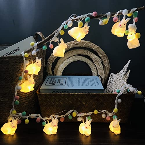 Niedliche Hase mit Pompons LED Lichterketten Batteriebetriebenes Kaninchen Ostern Nachtlicht für Indoor Outdoor Halloween Weihnachten Party Kinder Schlafzimmer Dekoration (Hase mit Pompons)