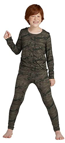 LAPASA Jungen Innenfleece Thermounterwäsche Set, Thermo Unterhemd + Hose Skiunterwäsche Funktionsunterwäsche Sets für Kinder 4-13 Jahre (Thermoflux B03), Tarnung grün, 5-6 Jahre