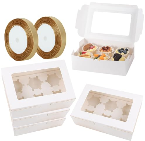 LOLYSIC 50 Pack 6 Hole Cupcake Boxes with Clear Window Inserts Ribbon, White Cupcake Boxes 6 Hole Kraft Paper Cup Cake Boxes for Muffin Egg Tarts Cupcake Dessert, 24x16x6cm