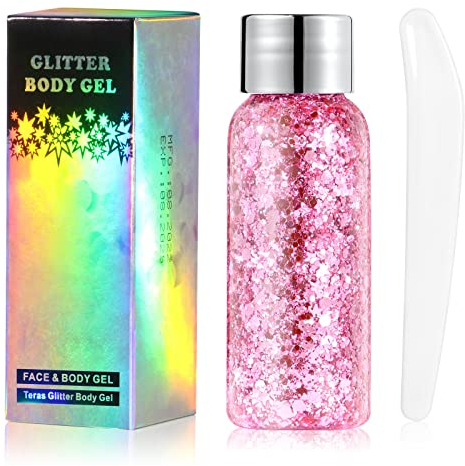 URAQT Body Glitter Gel, Chunky Glitter Gel, Chunky Body Lotion Glitzer Flüssiger Lidschatten, Meerjungfrau Pailletten Funkelnde für Gesicht Haare Lippen Nägel Make Up Kosmetik Festival (Rosa)