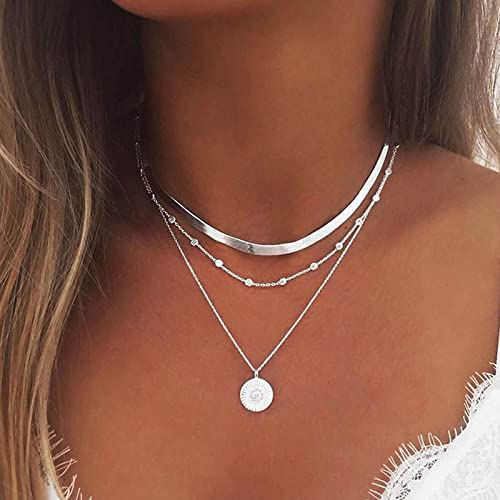 Atentuyi Boho Geschichtet Halskette Silber Anhänger Münze Halskette Cuban Link Kette Satellit Choker Flach Kandare Kette Perlen Station Halskette Für Frauen Und Mädchen Alltag Schmuck
