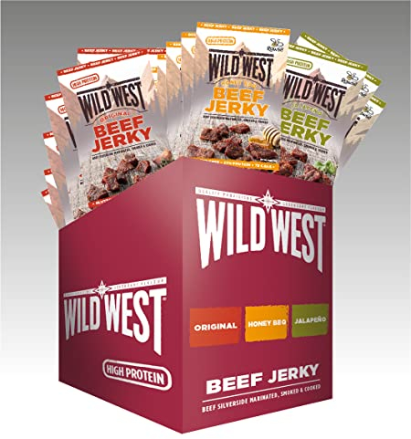 Wild West Beef Jerky, Mix Box 60g, 12er Pack mit 4x Original, 4x Honey BBQ, 4x Jalapeno, Rinderdörrfleisch, Beef Jerky high Protein Trockenfleisch, Protein Snack