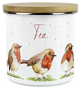 Purely Home English Robins Tea Canister - White Metal Enamel Kitchen Food Storage Container