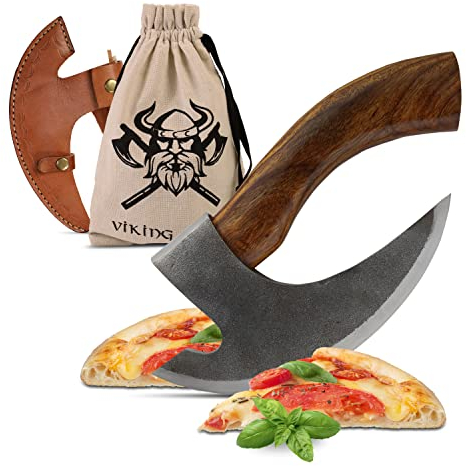 VIKING CRAFT - Pizza Axt Wikinger inkl. Lederschutz - Pizzamesser für echte Wikinger - Pizzaschneider Axt perfekt geeignet als Wikinger Deko - Wikinger Axt, Pizza Wiegemesser, Wikinger Messer, Beil