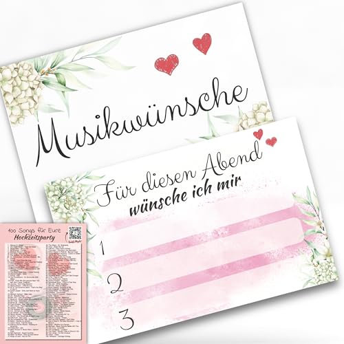 Laurea Verde 50x Musikwunschkarten für Hochzeit Party Geburtstag | DIN A7 Karten 2-seitig für die Musikwünsche deiner Gäste | DJ-Karten Musikkarten Partykarten (Boho-Hortensie)