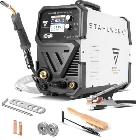 STAHLWERK MIG/MAG-Schweißgerät 200 Doppelpuls Pro – synergistisch mit 200 A | MMA/Elektrode/ARC, Puls- und Doppelpulsfunktion, inkl. Schweißbrenner AK-25/MB25 (3 m Schlauchset)