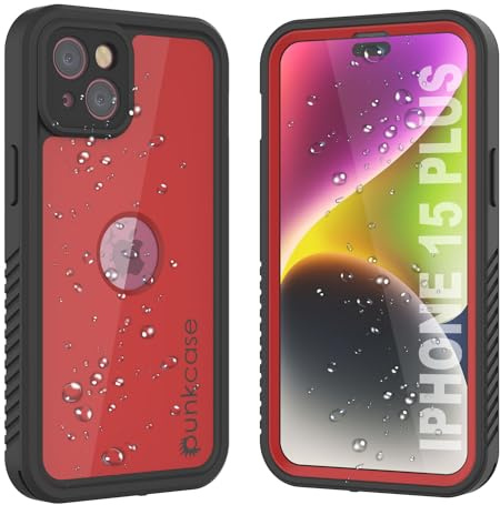 PunkCase StudStar-Serie, wasserdichte Schutzhülle für iPhone 15+ Plus, schlanke Passform, IP68-zertifiziert, stoßfest, schmutzdicht, 360° Rundumschutz für iPhone 15+ Plus (6,7 Zoll), Rot