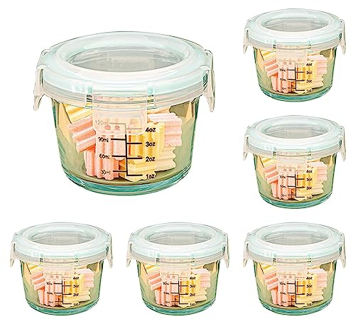 WEMUBSU Lot de 6 petits récipients en verre avec couvercles, 170 g avec couvercles hermétiques et balance, passent au micro-ondes, anti-fuite, réutilisables, passent au lave-vaisselle, ronds